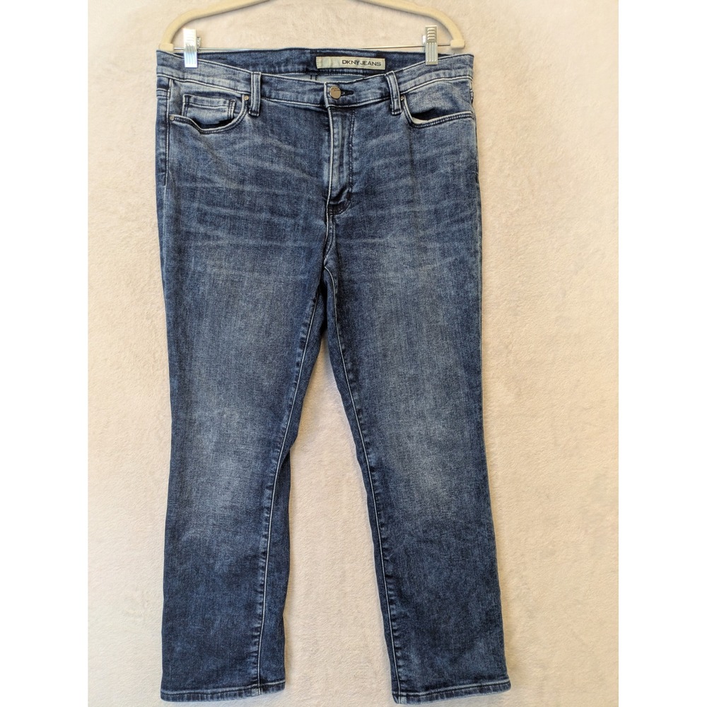 DKNY Jeans Straight Leg Women's 14 Blue Medium Wash Mid‎ Rise Ankle Cropped